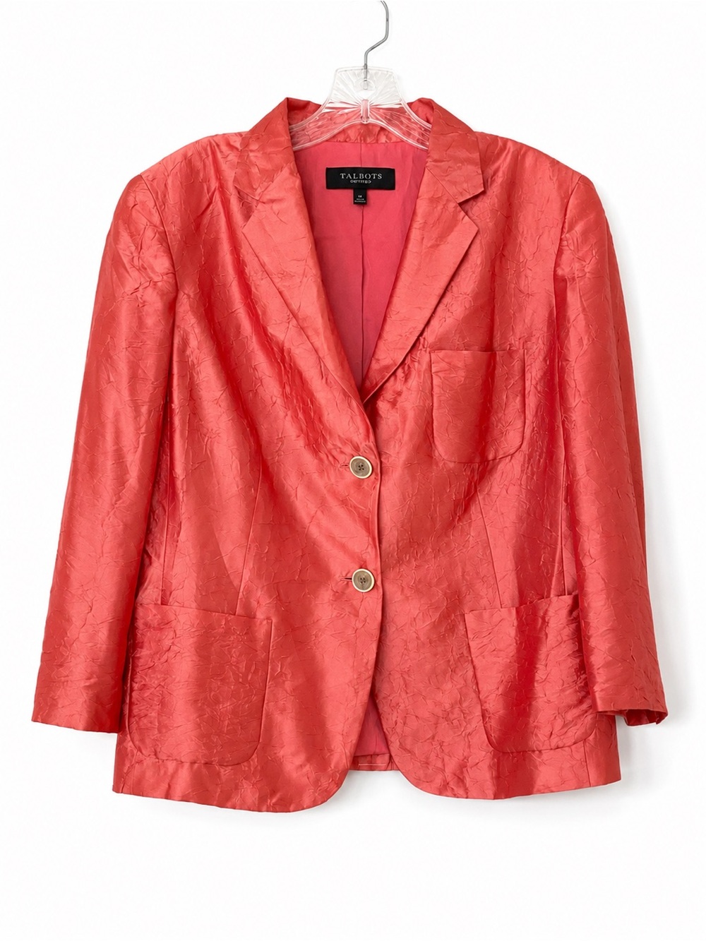 Talbots Size 14 Coral Crinkle Silk Blend Blazer Jacket 79% Silk
